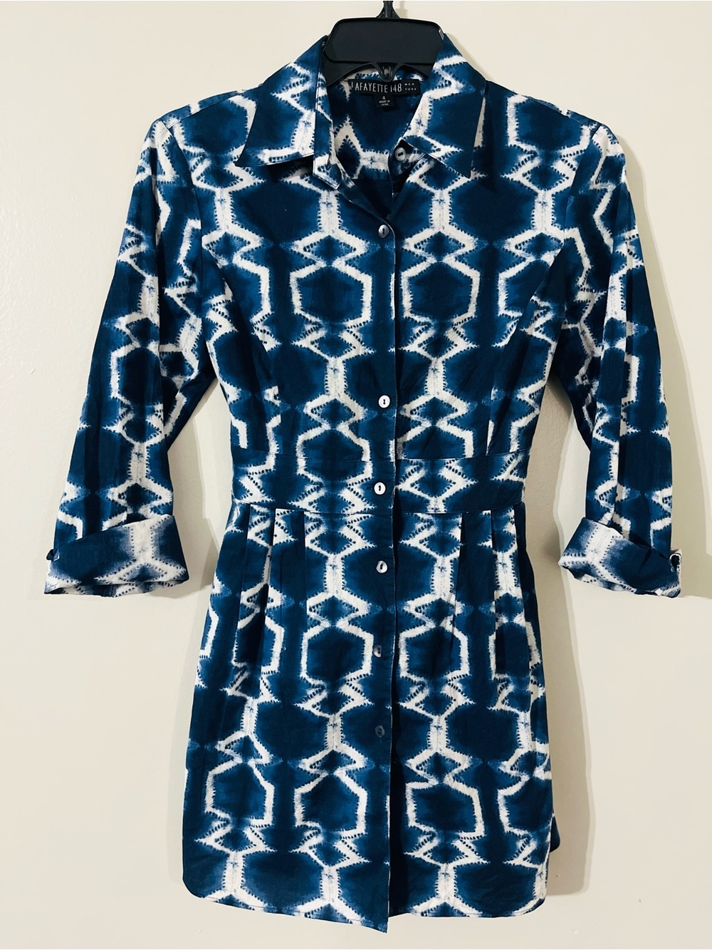 Lafayette 148 Cotton Blue White Batik Print Button Up Shirt Jacket Tie Belt Sz 4 - Picture 1 of 6